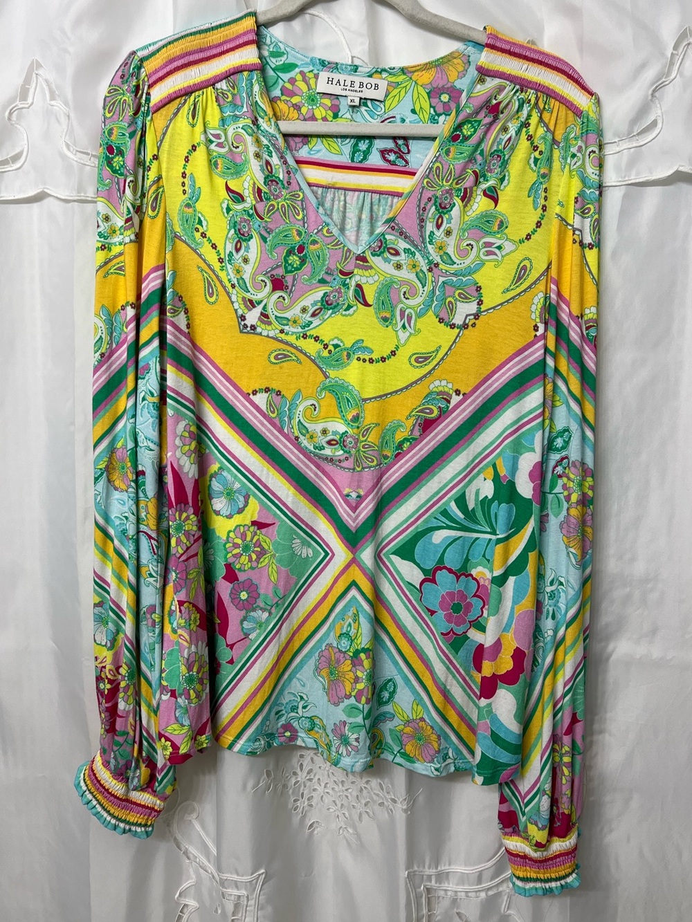 Hale Bob XL Colorful Paisley Floral Scarf Print V Neck Smocked Sleeve Top